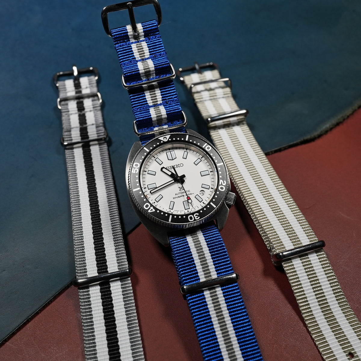 Premium Nato Strap in Navy White Grey (Crest) - Nomad Watch Works MY