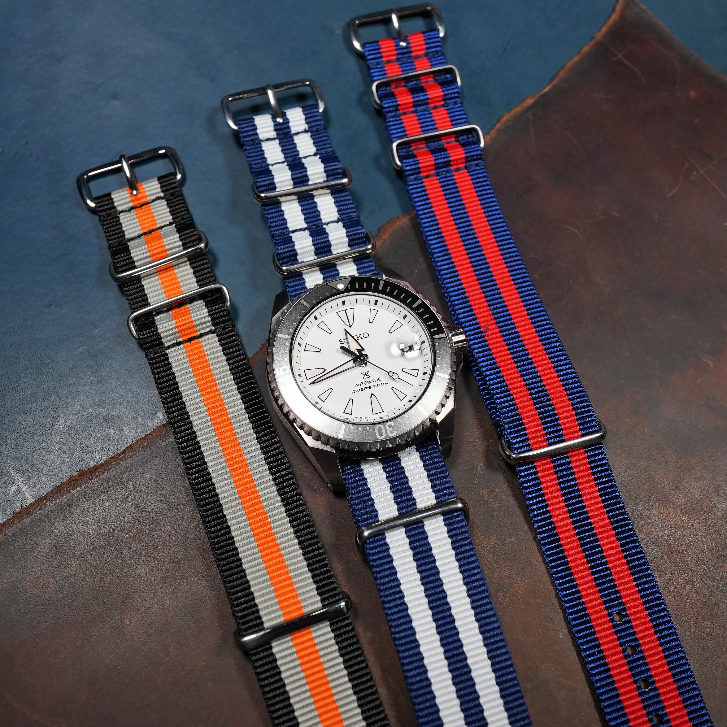 Premium Nato Strap in Navy White Small Stripes - Nomad Watch Works MY