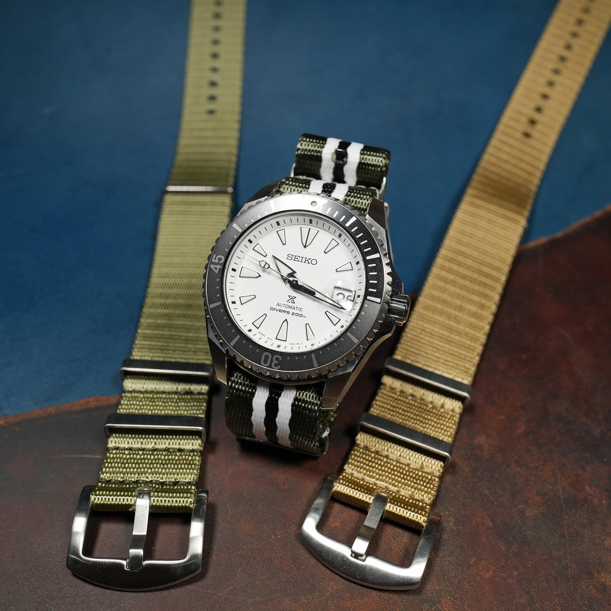 Seat Belt Nato Strap in Olive White Black - Nomad Watch Works MY