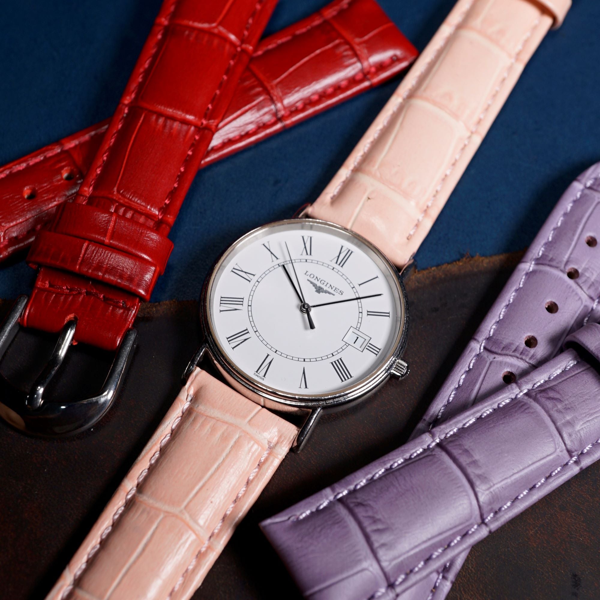 Genuine Croc Pattern Stitched Leather Watch Strap in Pink - Nomad Watch Works MY