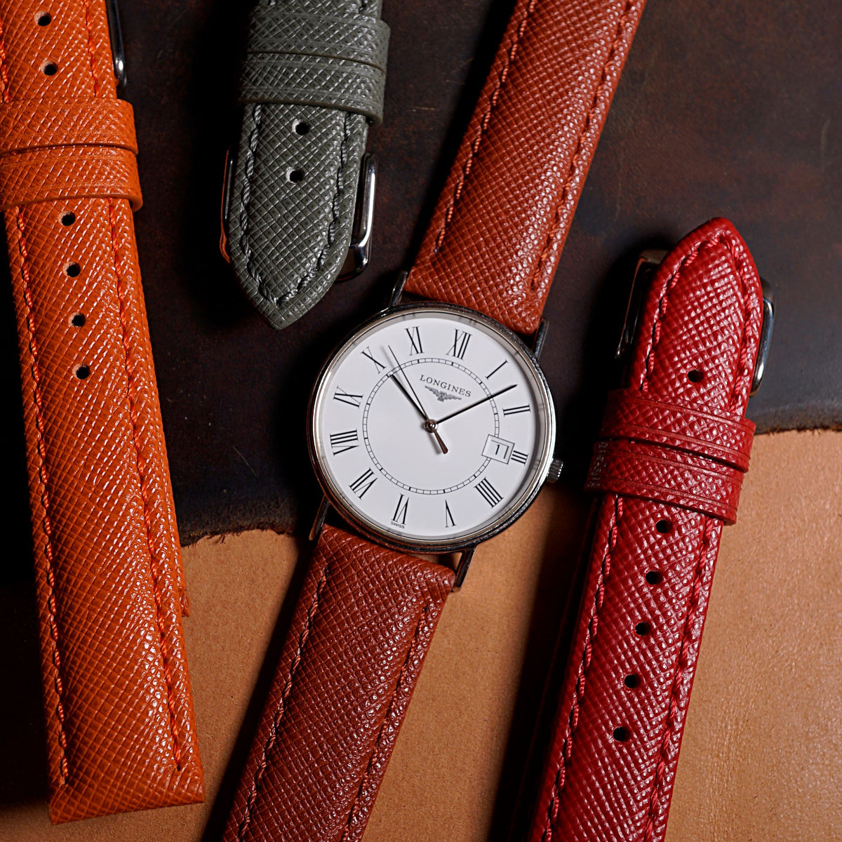 Premium Saffiano Leather Strap in Brown - Nomad Watch Works MY