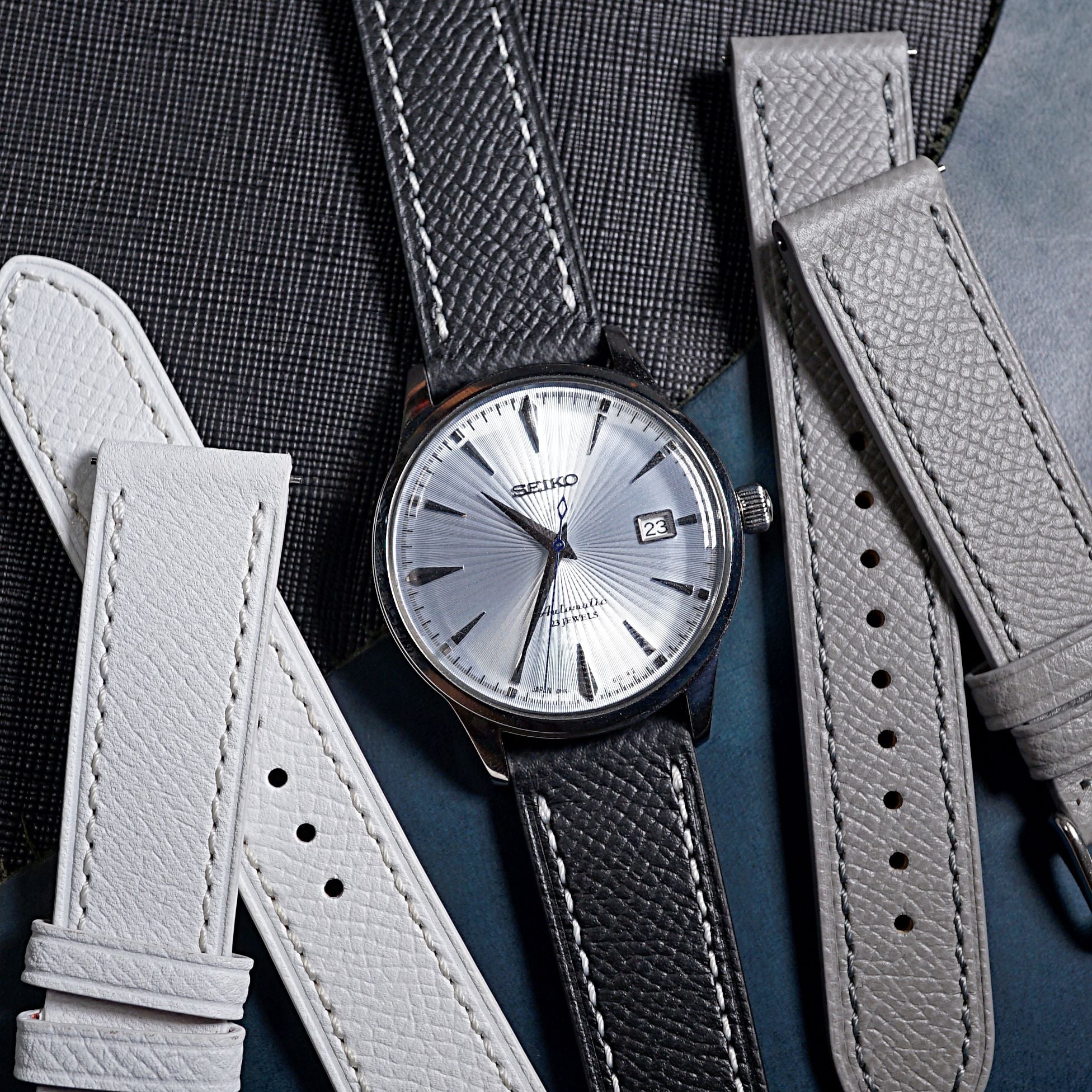 Dress Epsom Leather Strap in Black w/ White Stitching - Nomad Watch Works MY