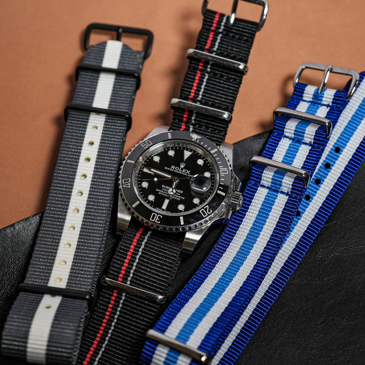 Premium Nato Strap in Black w/ Race Stripes - Nomad Watch Works MY