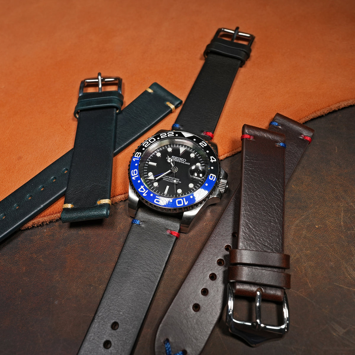 Premium Vintage Oil Waxed Leather Watch Strap in Black - Pepsi - Nomad Watch Works MY