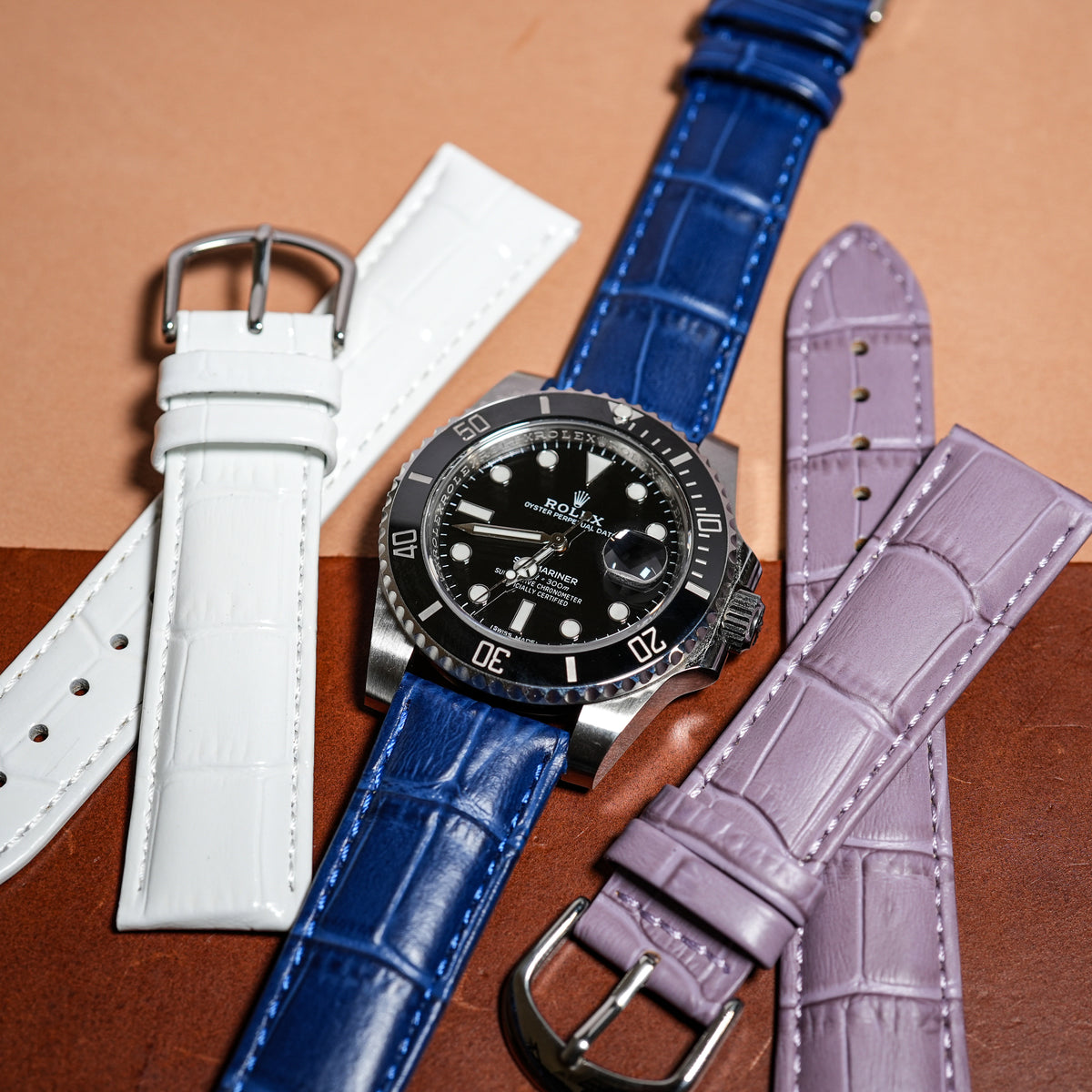 Genuine Croc Pattern Stitched Leather Watch Strap in Navy - Nomad Watch Works MY