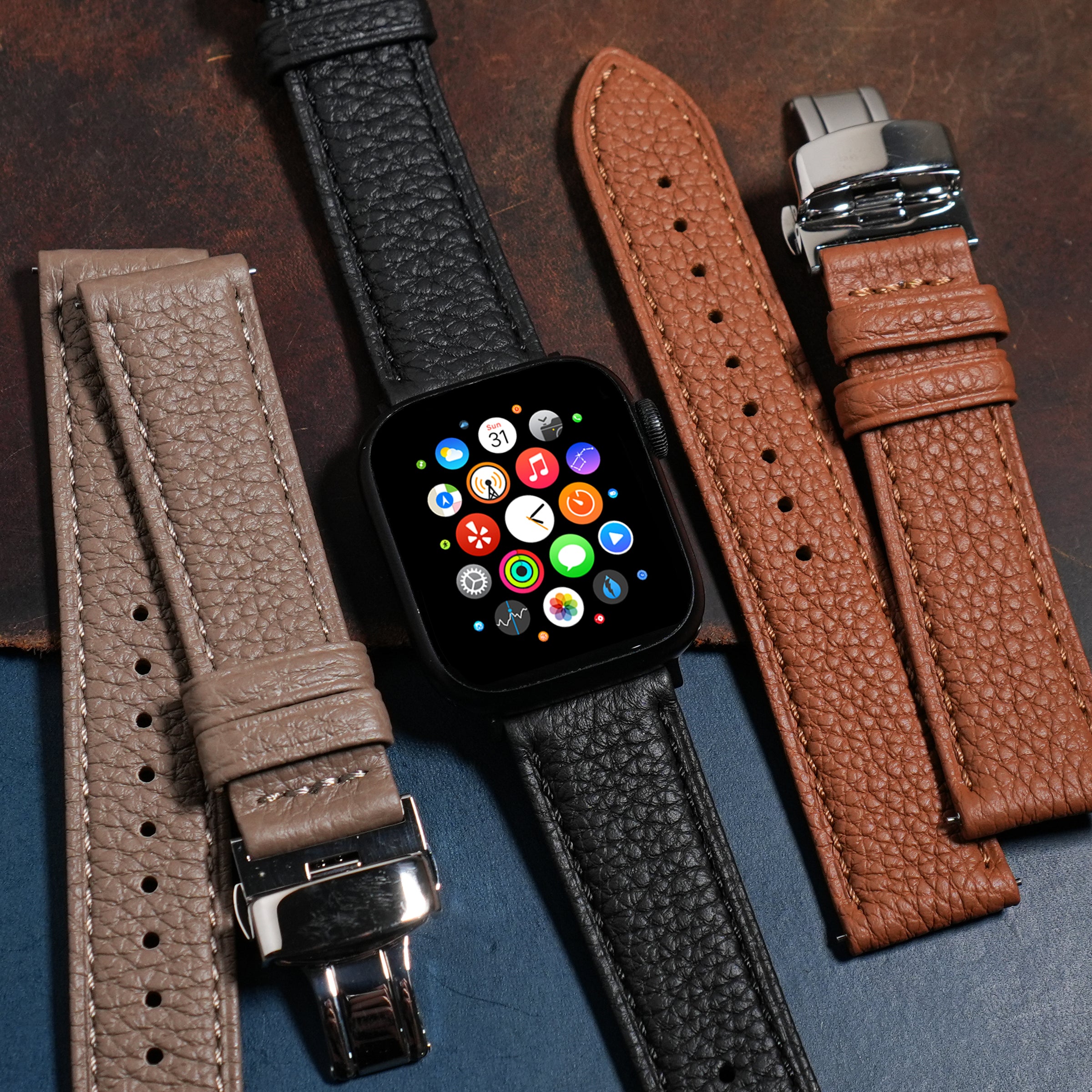 Classic Togo Leather Strap in Black w/ Butterfly Clasp (Apple Watch) - Nomad Watch Works MY