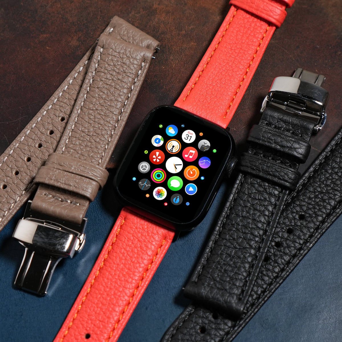 Classic Togo Leather Strap in Orange w/ Butterfly Clasp (Apple Watch) - Nomad Watch Works MY