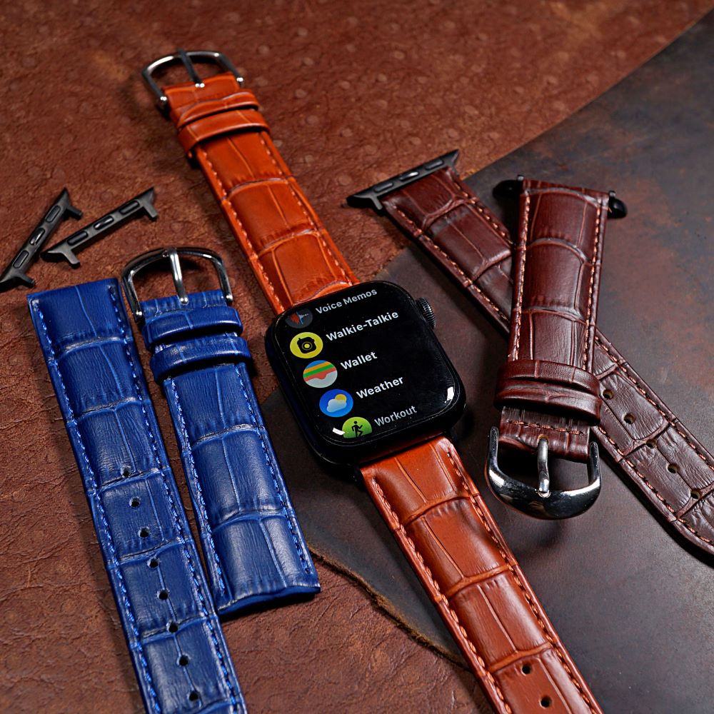 Apple Watch Genuine Croc Pattern Stitched Leather Strap in Tan (38, 40, 41mm) - Nomad Watch Works MY