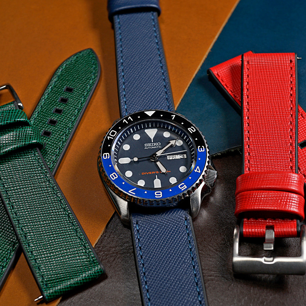 Performax Saffiano Leather FKM Rubber Hybrid Strap in Navy (20mm) - Nomad Watch Works MY