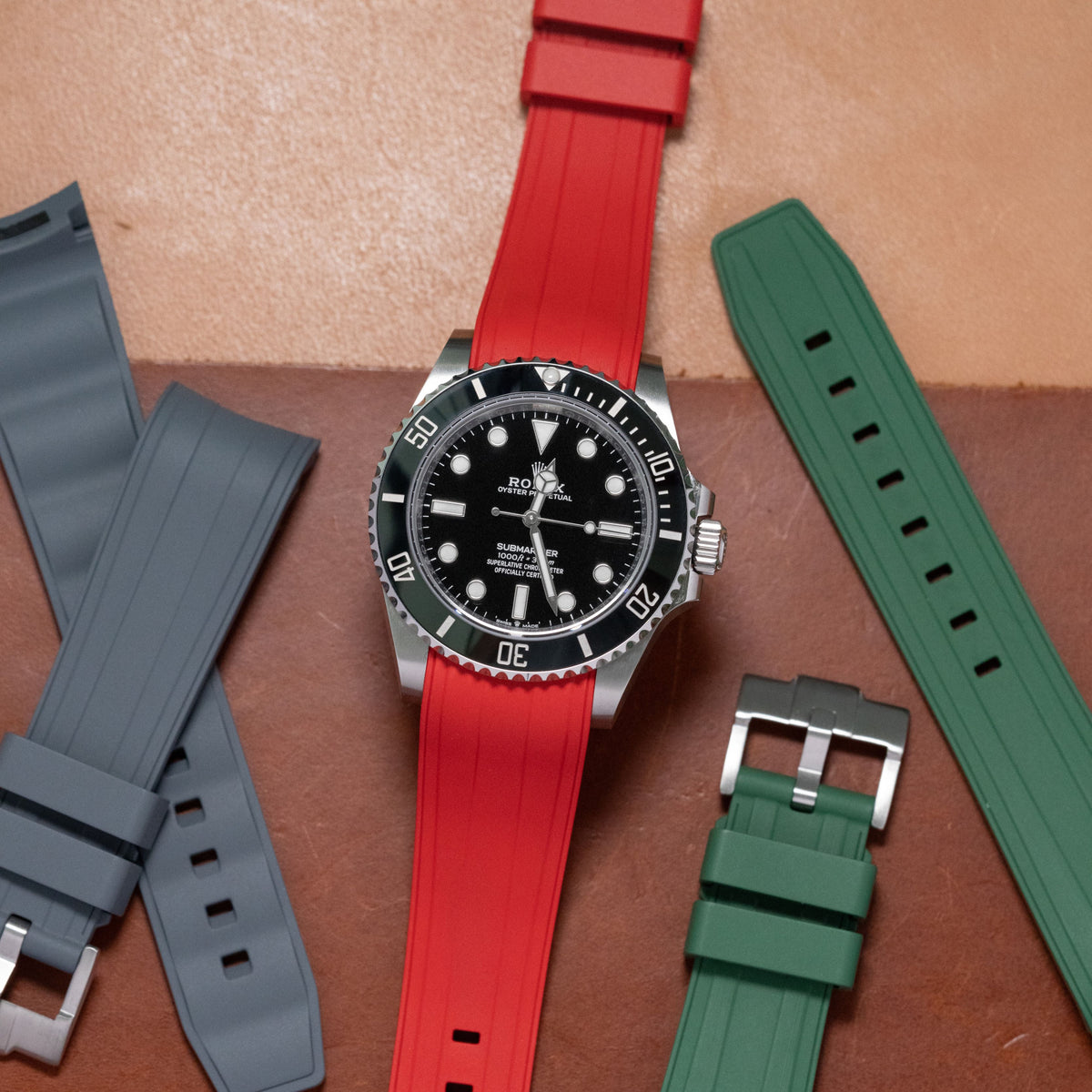 Curved End FKM Rubber Strap for Rolex Submariner in Red (21mm) - Nomad Watch Works MY