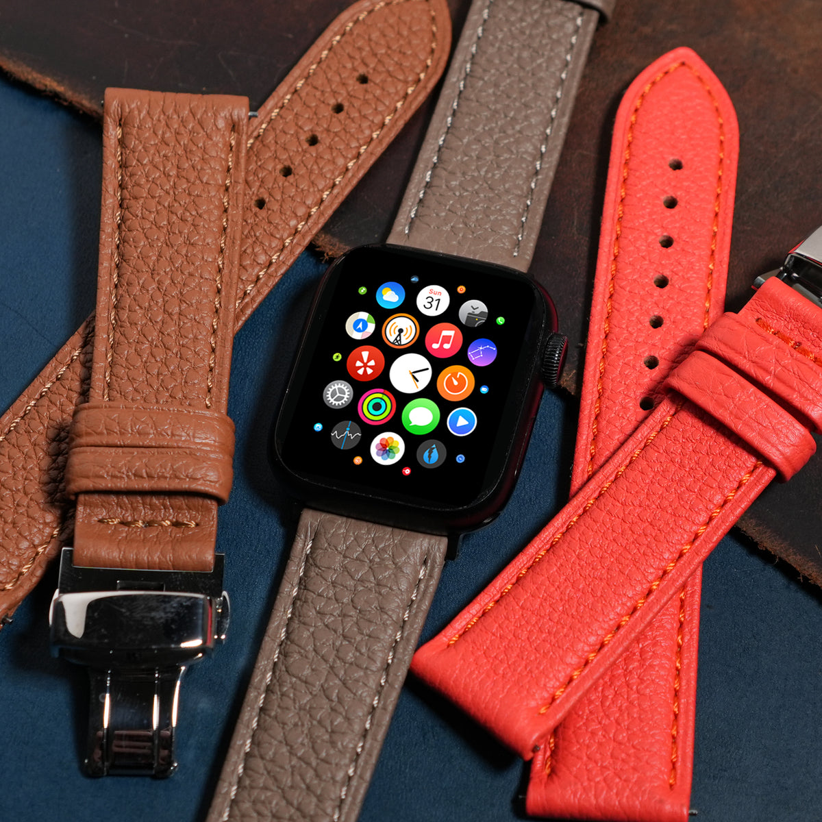 Classic Togo Leather Strap in Taupe w/ Butterfly Clasp (Apple Watch) - Nomad Watch Works MY