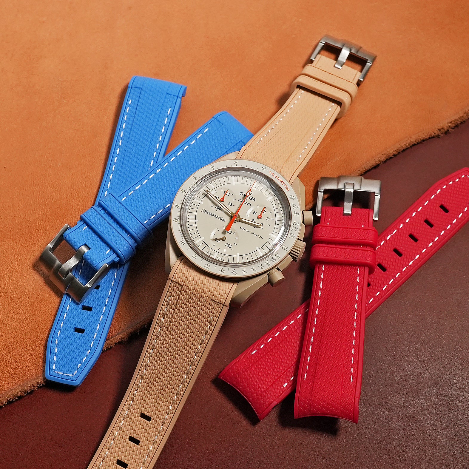 Retro Curved End Rubber Strap for Omega x Swatch Moonswatch in Biege - Nomad Watch Works MY
