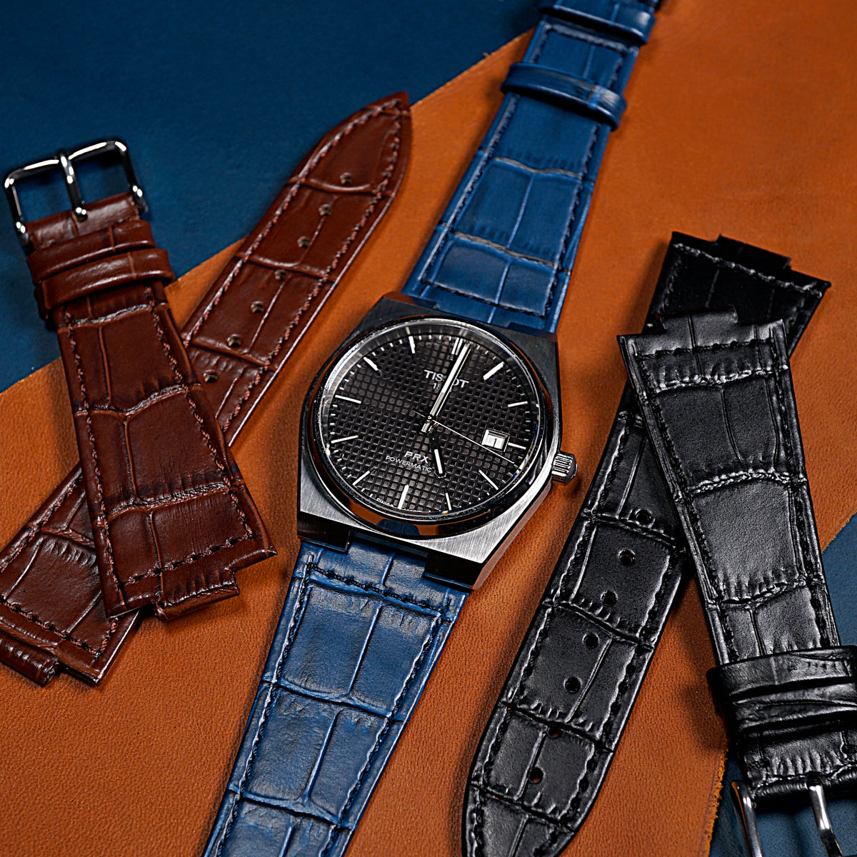 Genuine Croc Pattern Leather Watch Strap in Navy (Tissot PRX 40/Chrono) - Nomad Watch Works MY