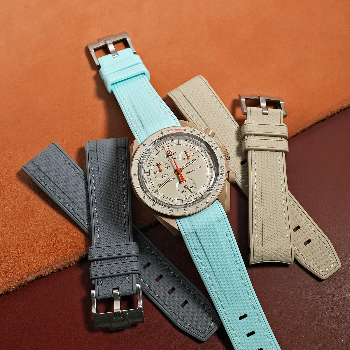 Retro Curved End Rubber Strap for Omega x Swatch Moonswatch in Baby Blue - Nomad Watch Works MY