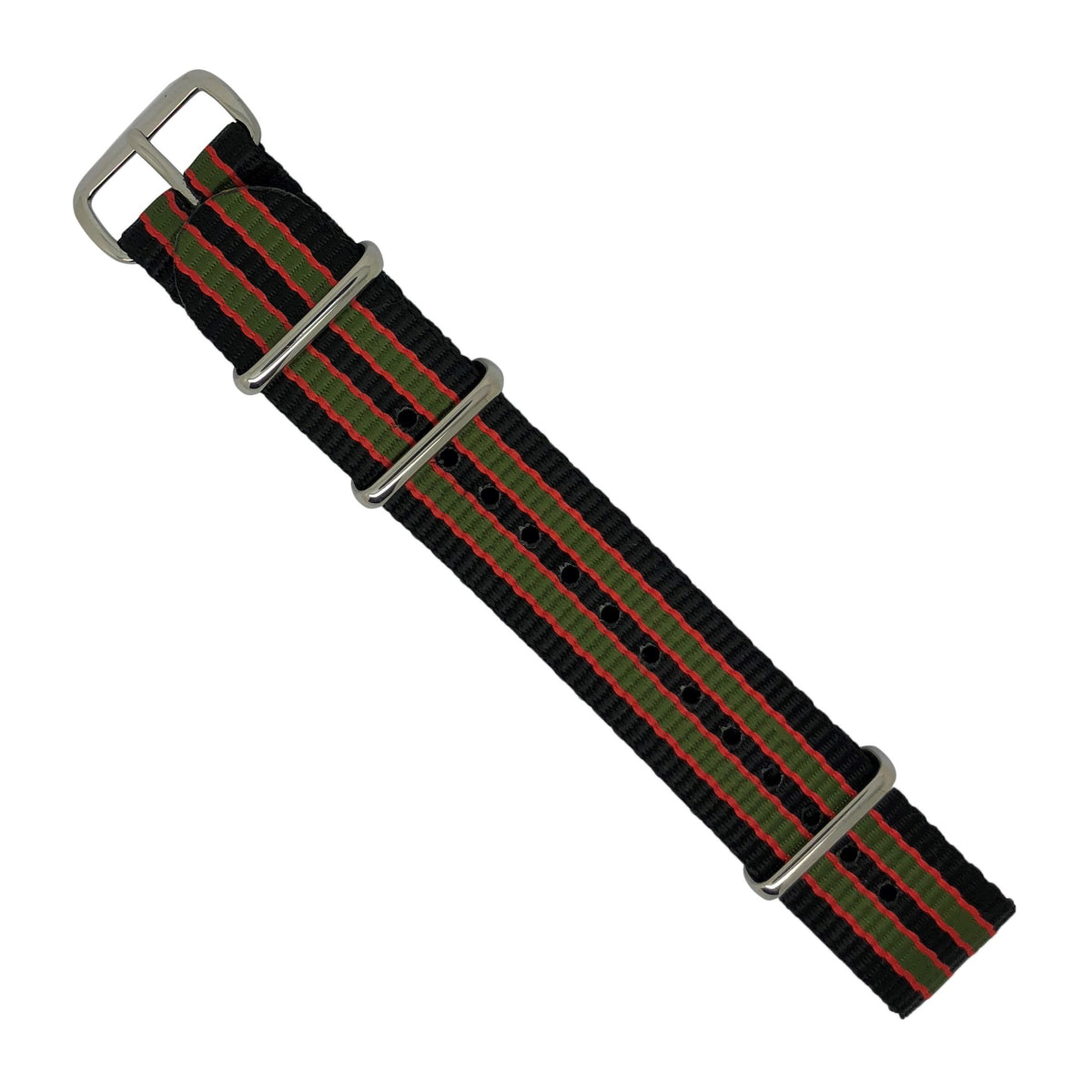 Premium Nato Strap in Black Green Red (James Bond) with Polished Silver Buckle (20mm) - Nomad Watch Works Malaysia