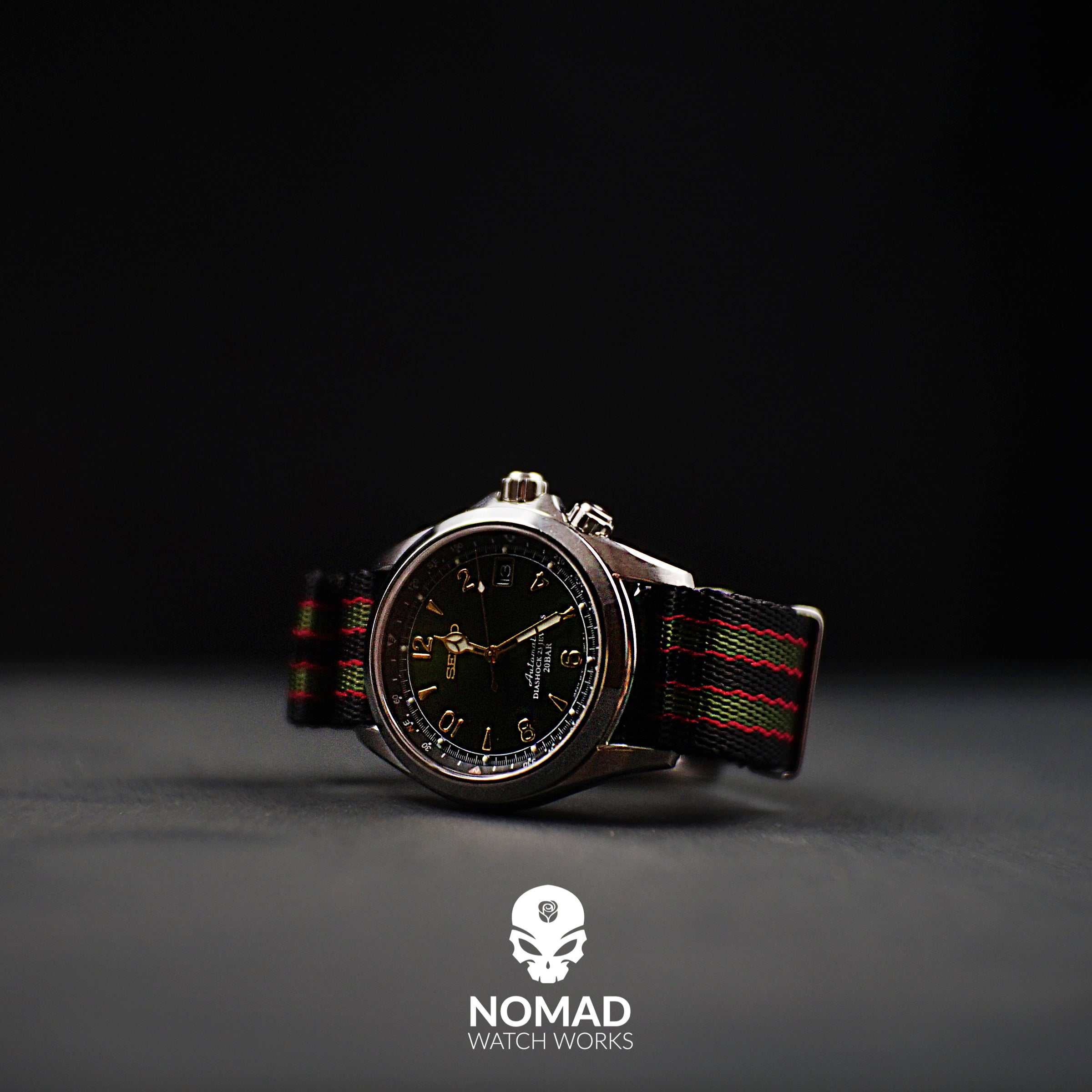 Seat Belt Nato Strap in Black Green Red (James Bond) with Brushed Silver Buckle (20mm) - Nomad Watch Works Malaysia