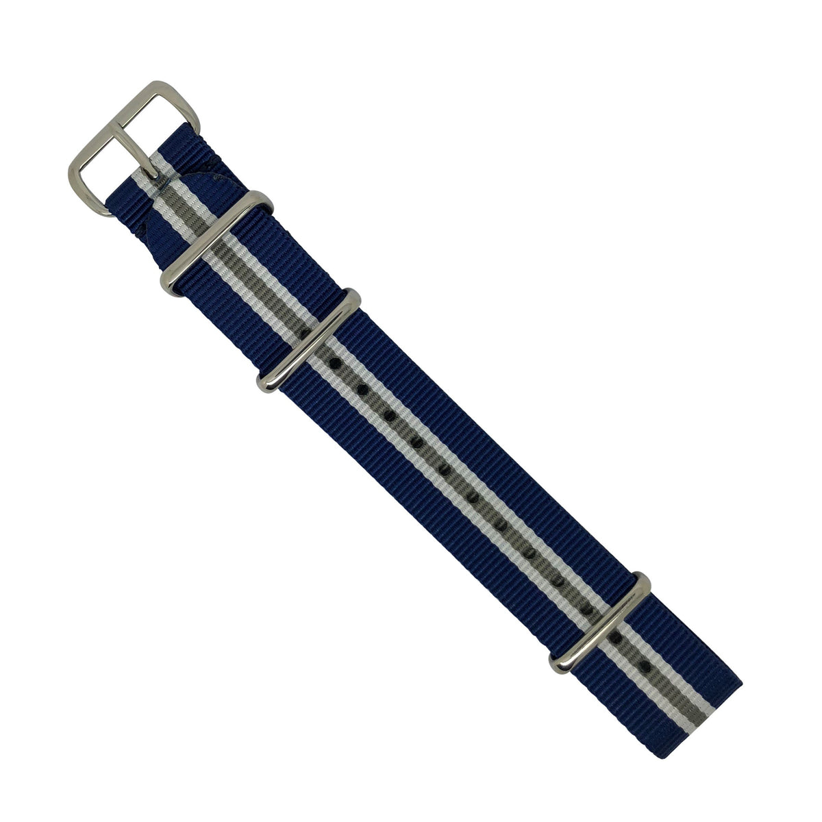 Premium Nato Strap in Navy White Grey (Crest) with Polished Silver Buckle (20mm) - Nomad Watch Works Malaysia