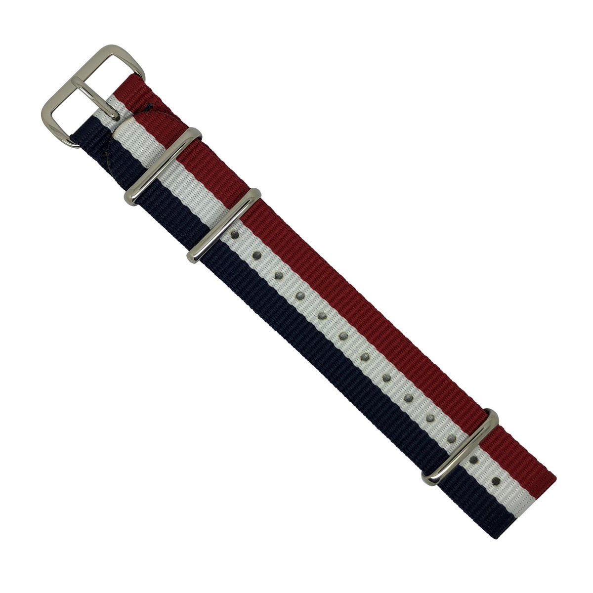 Premium Nato Strap in Navy White Red with Polished Silver Buckle (18mm) - Nomad Watch Works Malaysia