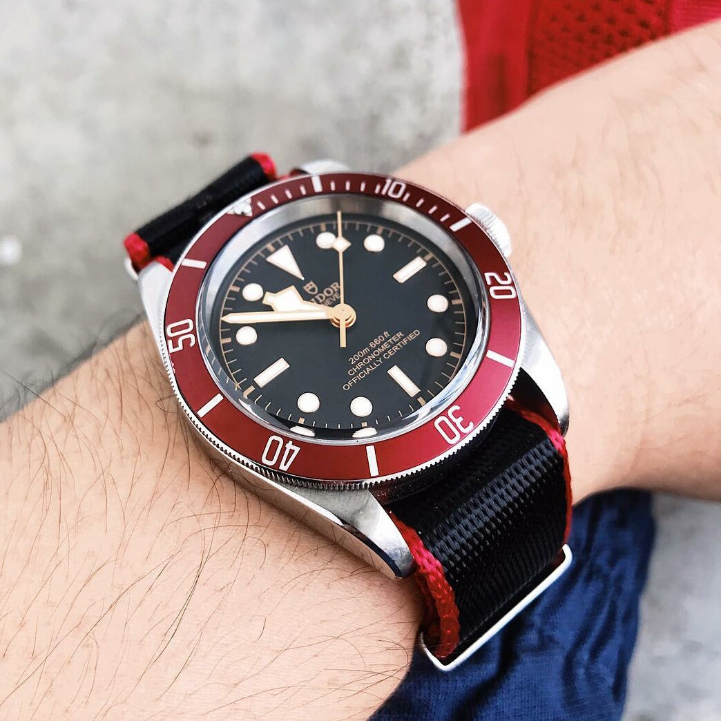 Seat Belt Nato Strap in Black with Red Accent with Brushed Silver Buckle (20mm) - Nomad Watch Works Malaysia