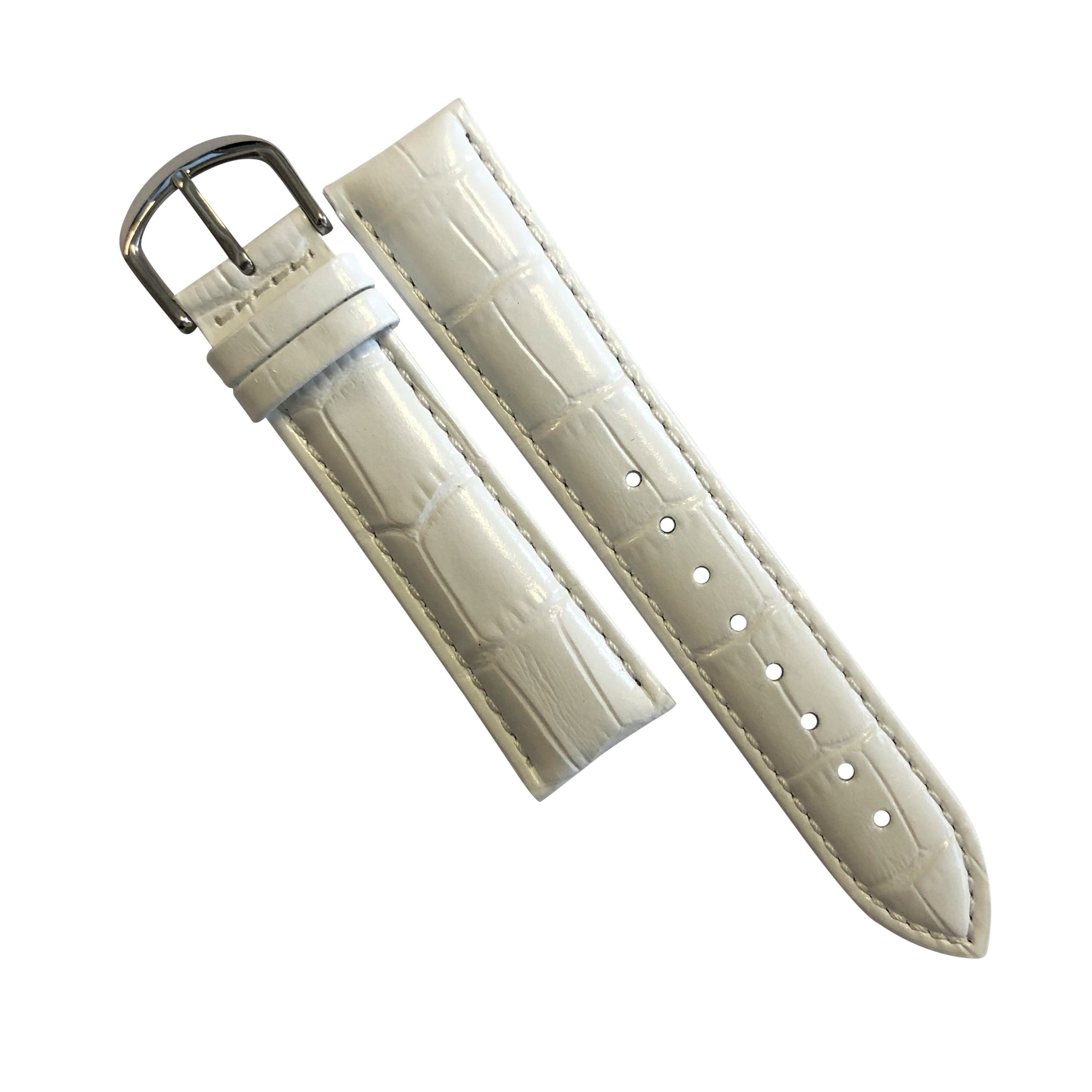 Genuine Croc Pattern Stitched Leather Watch Strap in White with Silver Buckle (12mm) - Nomad Watch Works Malaysia