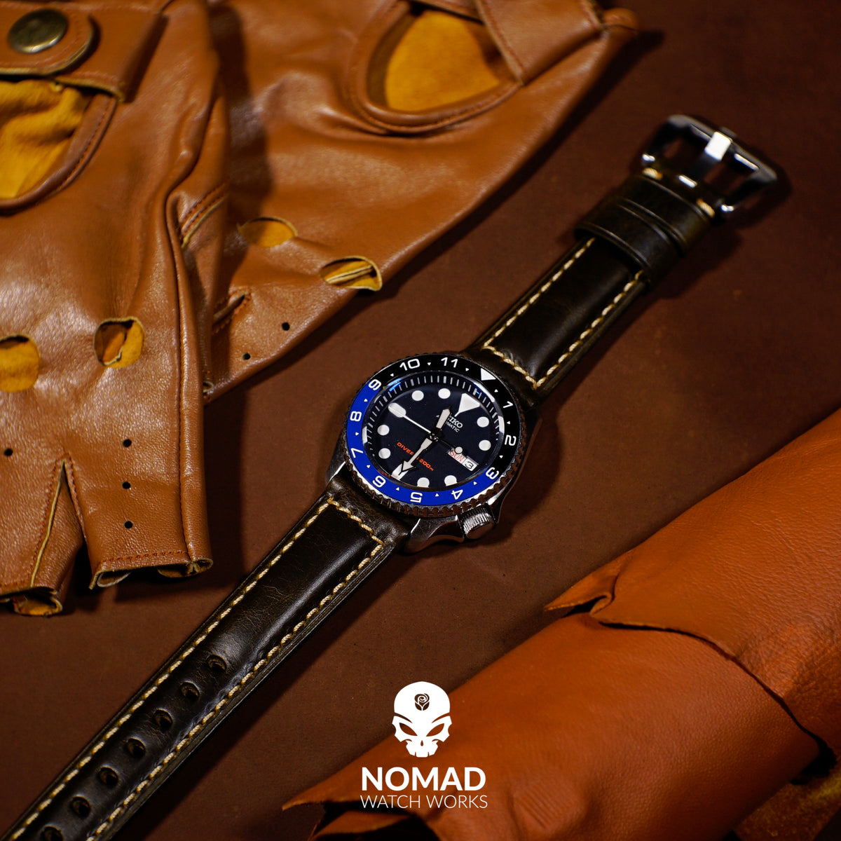 M2 Oil Waxed Leather Watch Strap in Black with Silver Buckle (20mm) - Nomad Watch Works Malaysia