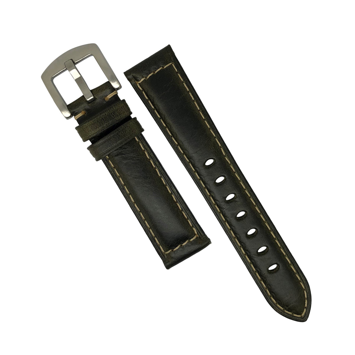 M2 Oil Waxed Leather Watch Strap in Olive with Silver Buckle (20mm) - Nomad Watch Works Malaysia