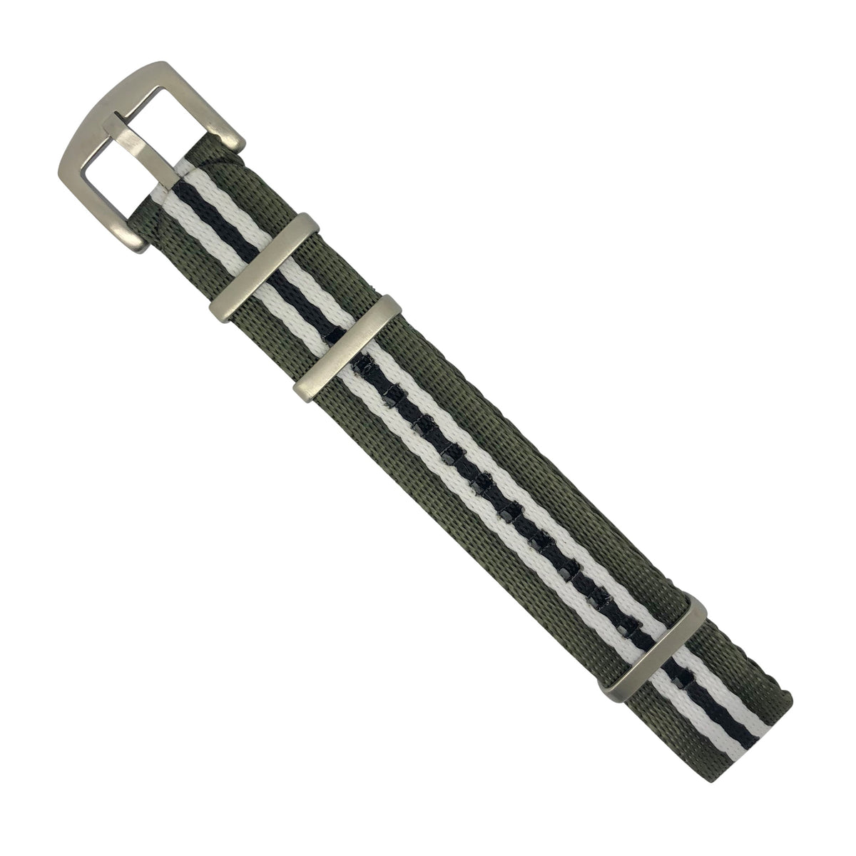 Seat Belt Nato Strap in Olive White Black with Brushed Silver Buckle (20mm) - Nomad Watch Works Malaysia