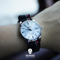Premium Nato Strap in Black Blue Red Small Stripes with Polished Silver Buckle (20mm) - Nomad Watch Works Malaysia