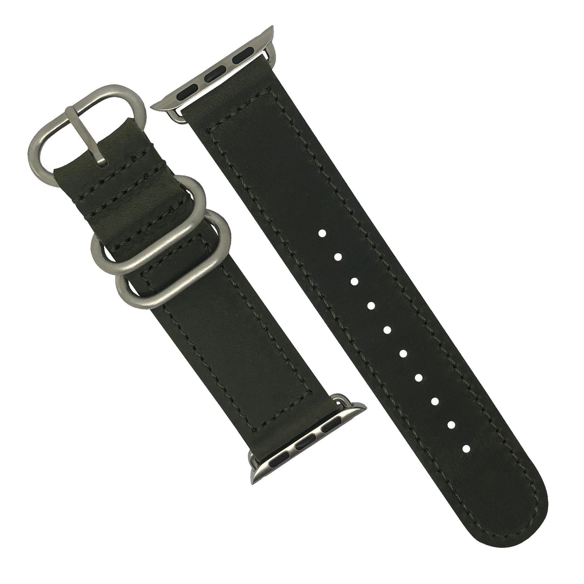 Apple Watch Leather Zulu Strap in Olive with Silver Buckle (38 & 40mm) - Nomad Watch Works Malaysia