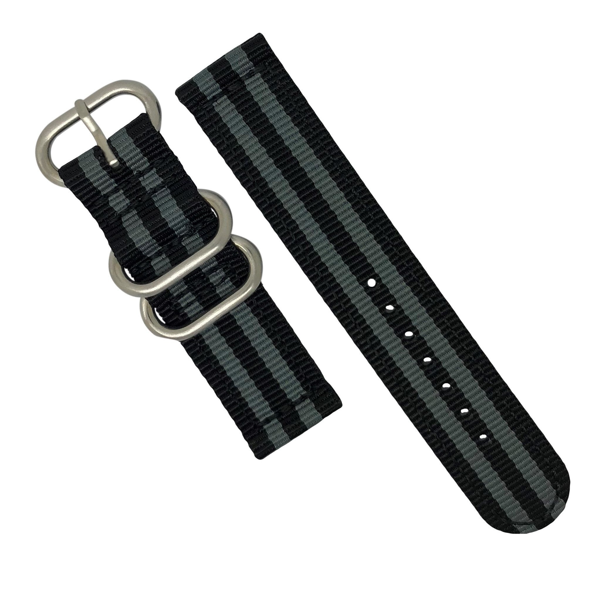 Two Piece Heavy Duty Zulu Strap in Black Grey (James Bond) with Silver Buckle (20mm) - Nomad Watch Works Malaysia